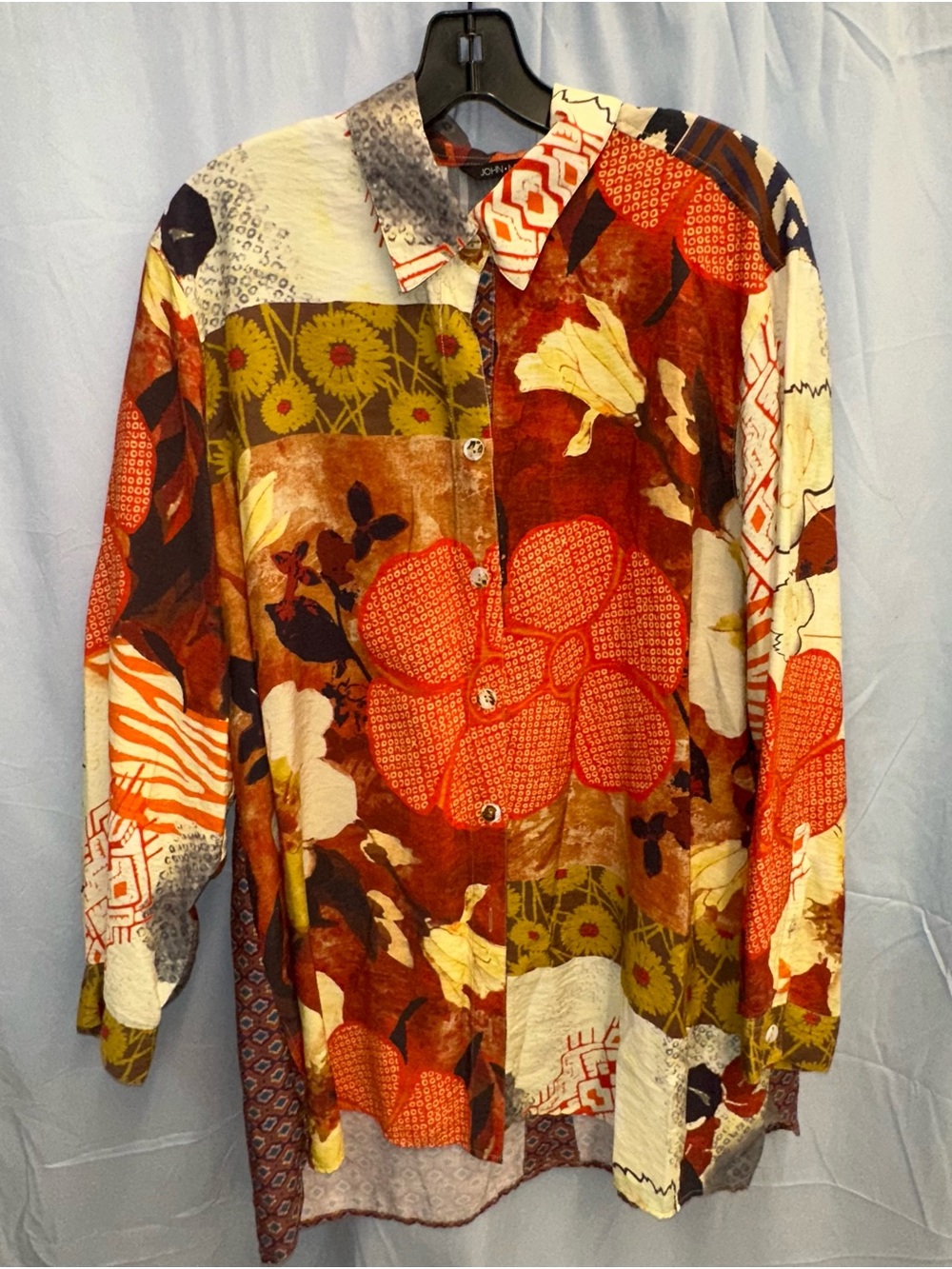 John Mark Red and Cream Floral Print Button-Up